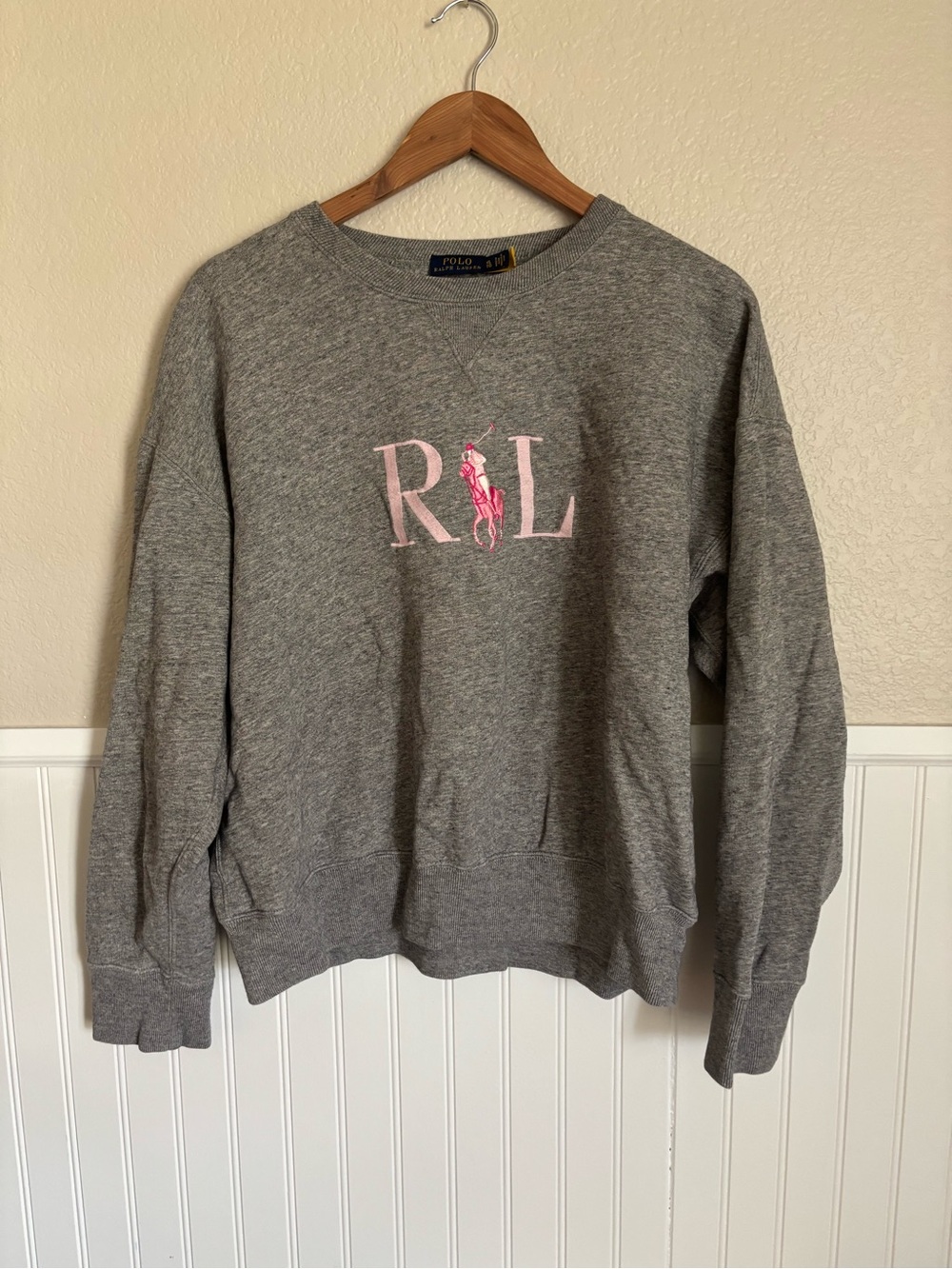 Ralph Lauren Gray Crewneck Sweatshirt with Pink Polo Logo